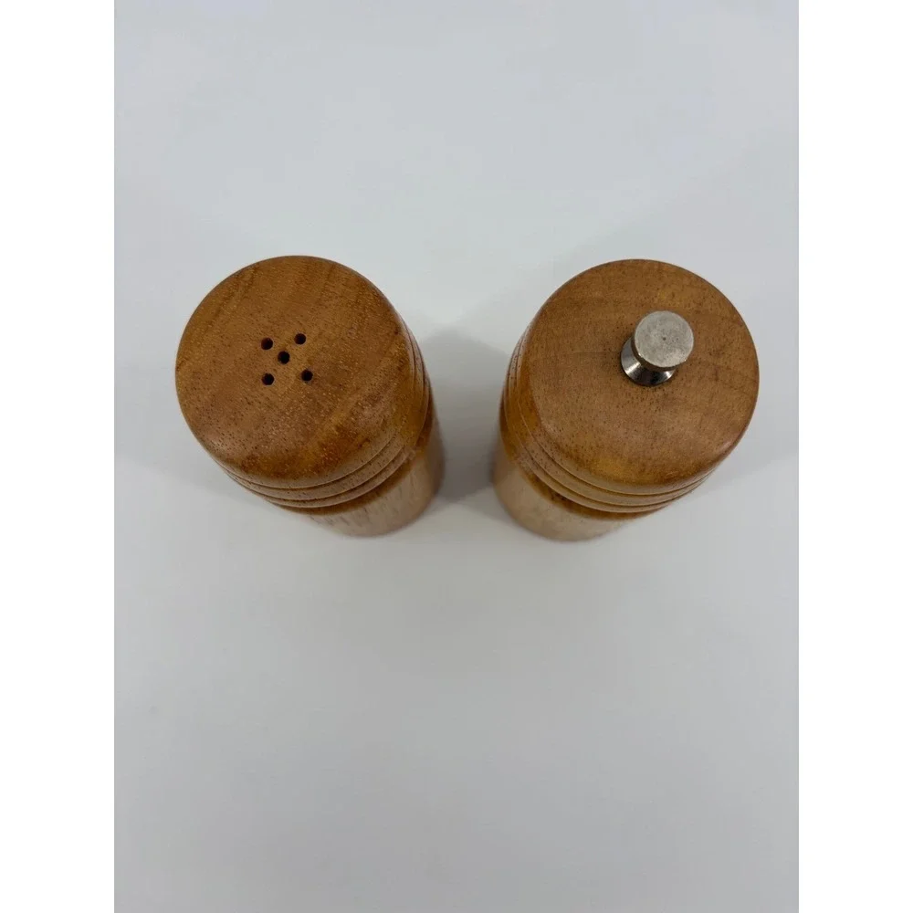 MCM Olde Thompson Salt and Pepper Mill Set Small Brown Wood Ribbed Vintage